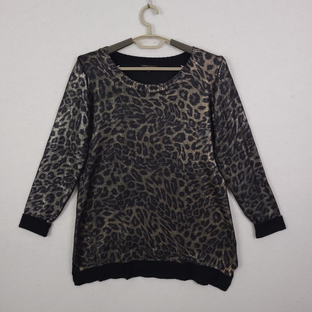 Alberto Makali Knit Top Tunic Size L Long Sleeve Leopard Print Metallic Gothic